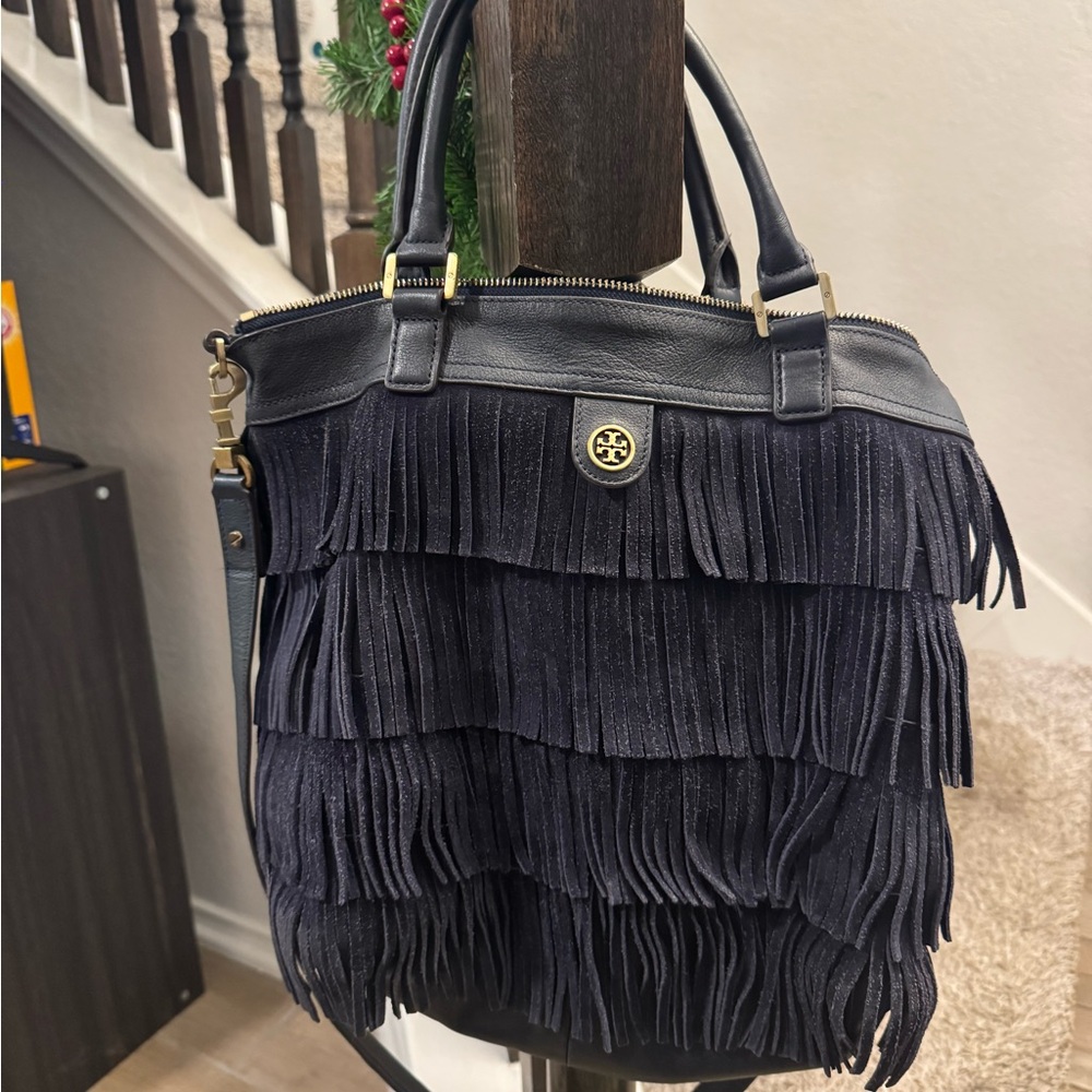 Tory Burch Navy Fringe Shoulder Bag